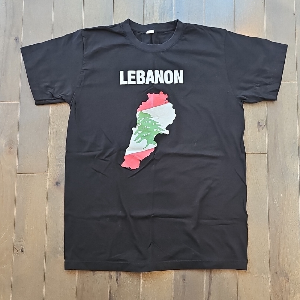LEBANON Black Graphic T-Shirt with Flag Map, NWOT, Size XL (Runs Like a Medium)